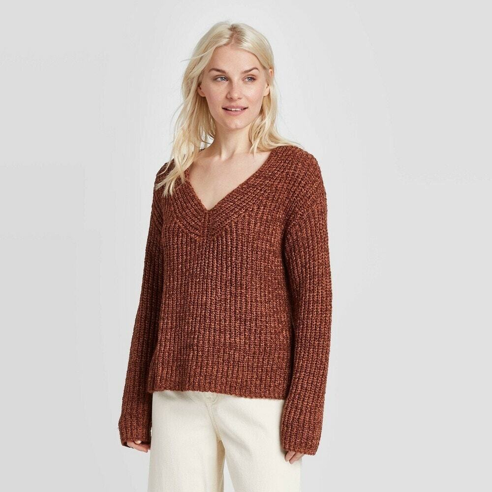 A New Day Brown V Neck Sweater XS Cozy Chunky Knit Cottagecore Fall Winter